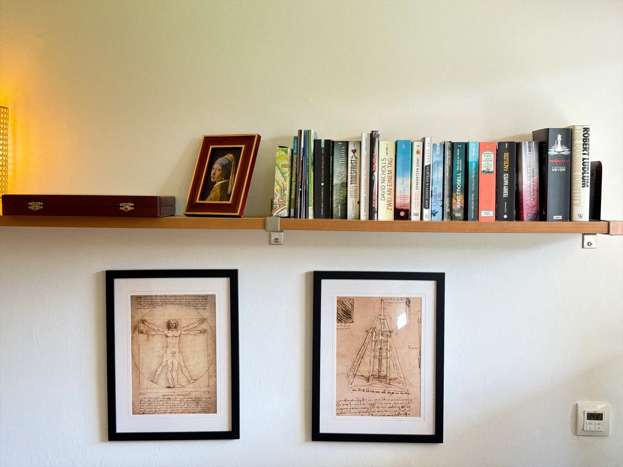 Wohnbereich mit Bücherregal und Dekoration.