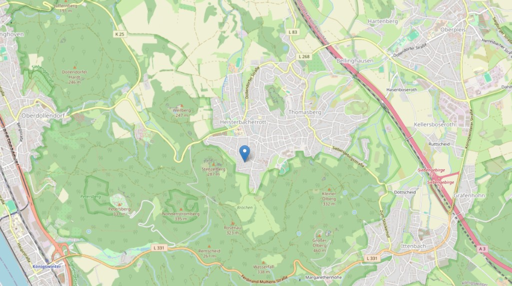 Kartenausschnitt Siebengebirge und Umgebung mit Markierung in Heisterbacherrott bei Königswinter; Kartendaten OpenStreetMap.
